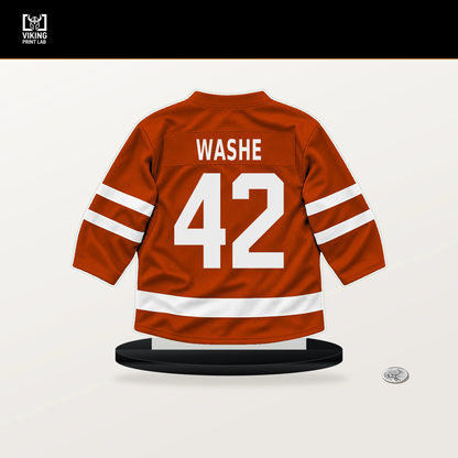 Tim Washe number 42 Anaheim Ducks jersey stand with included black base.