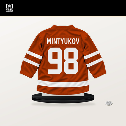 Pavel Mintyukov number 98 Anaheim Ducks jersey stand with included black base.