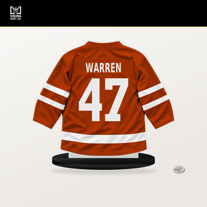 Noah Warren number 47 Anaheim Ducks jersey stand with included black base.