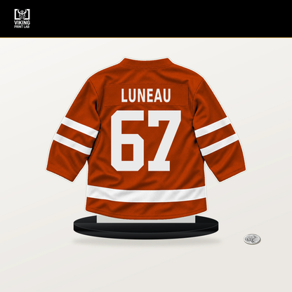 Tristan Luneau number 67 Anaheim Ducks jersey stand with included black base.