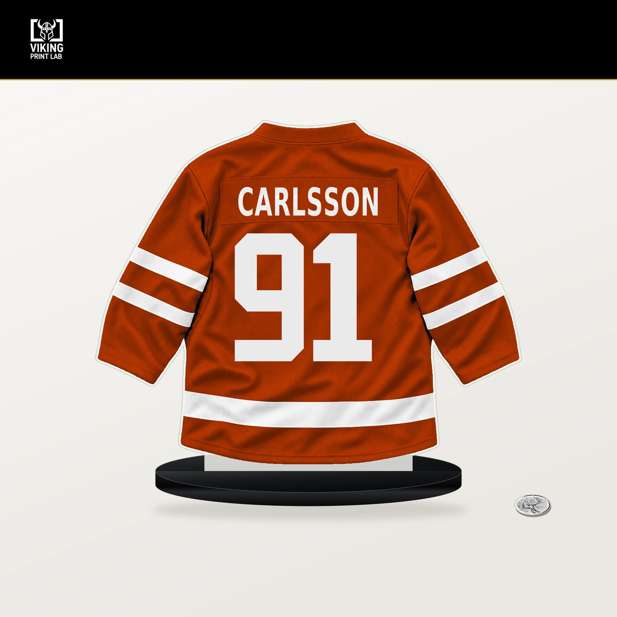 Leo Carlsson number 91 Anaheim Ducks jersey stand with included black base.