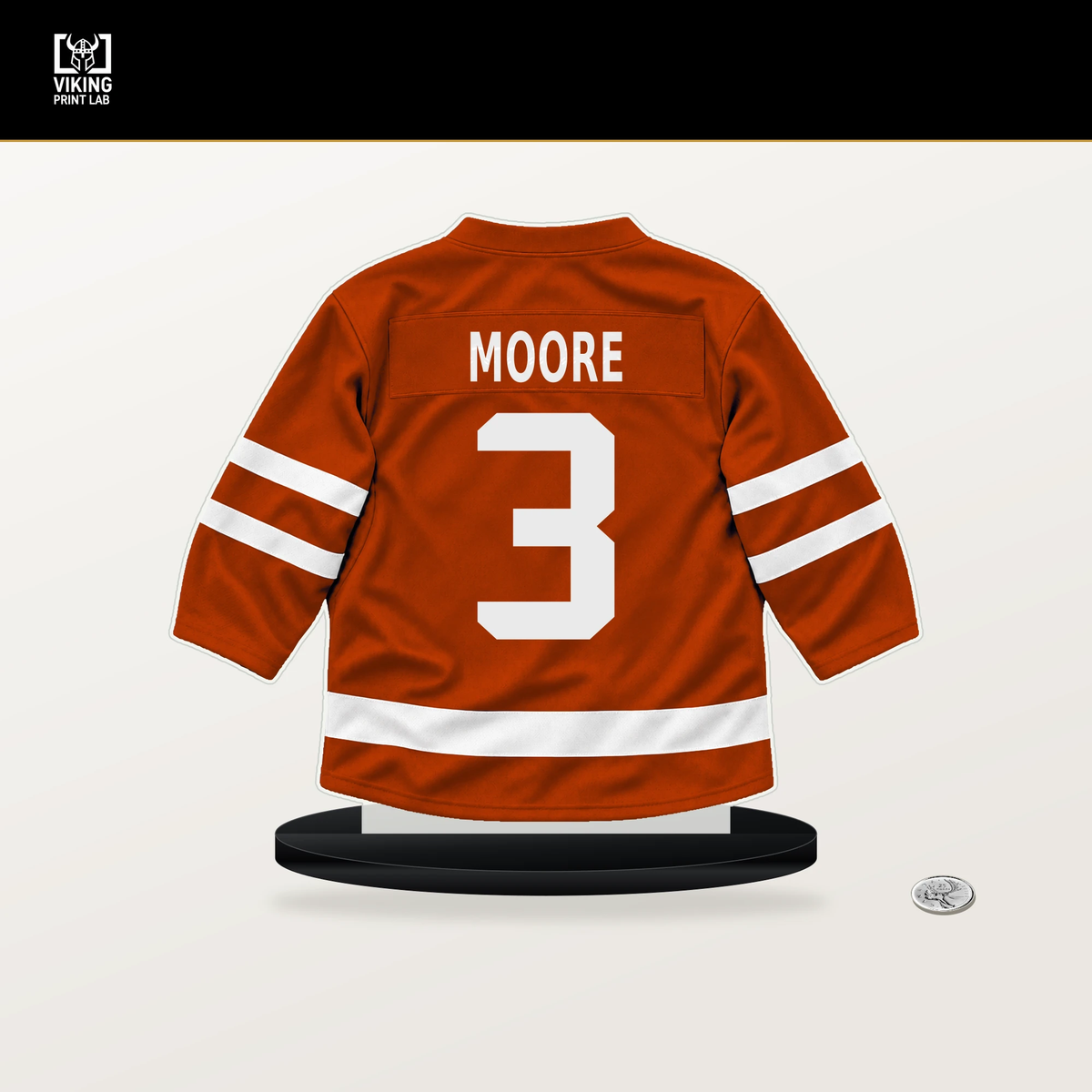 Ian Moore number 3 Anaheim Ducks jersey stand with included black base.