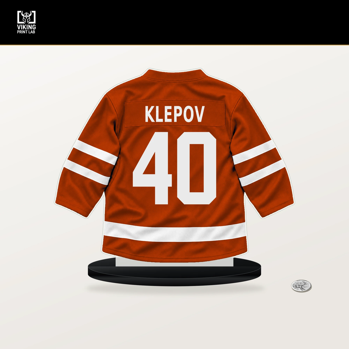 Nikita Klepov number 40 Anaheim Ducks jersey stand with included black base.