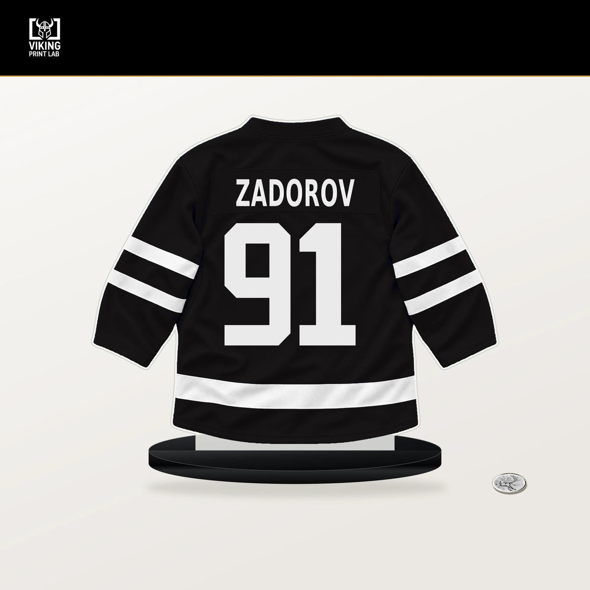Nikita Zadorov number 91 Boston Bruins jersey stand with included black base.