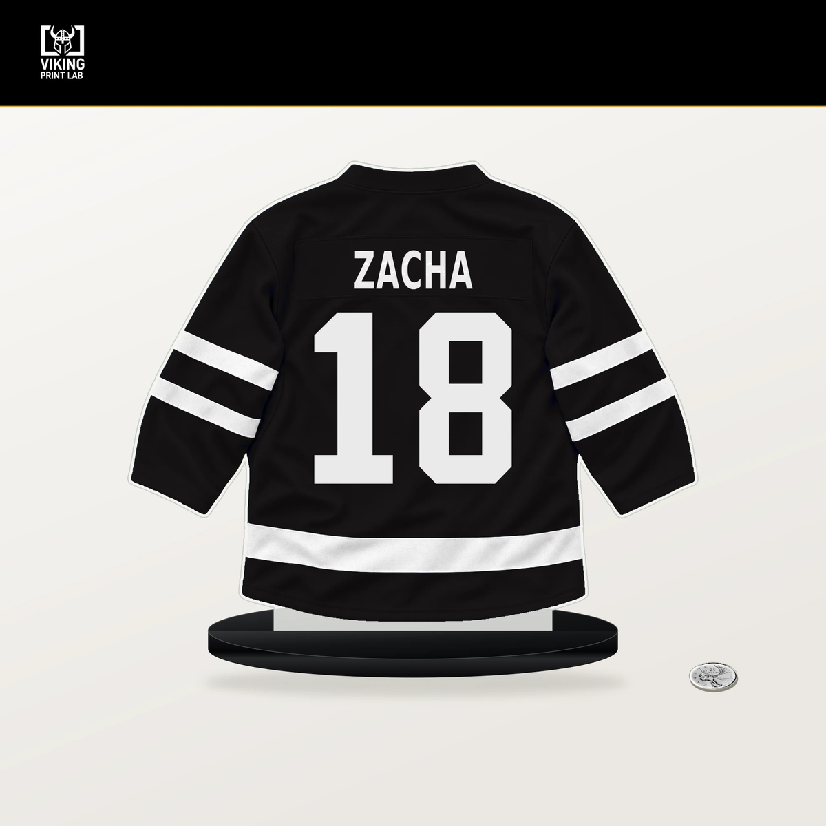 Pavel Zacha number 18 Boston Bruins jersey stand with included black base.
