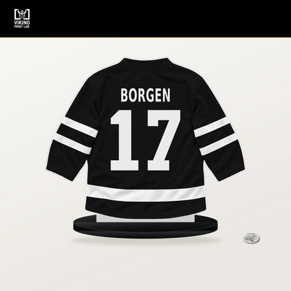 Will Borgen number 17 Boston Bruins jersey stand with included black base.