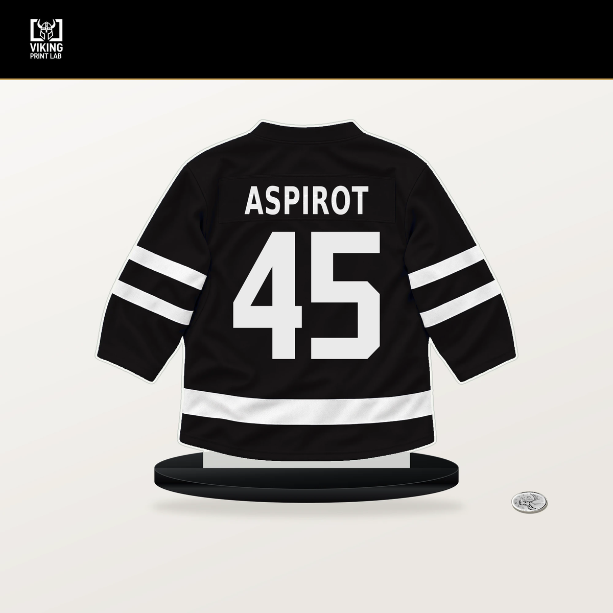 Jonathan Aspirot number 45 Boston Bruins jersey stand with included black base.