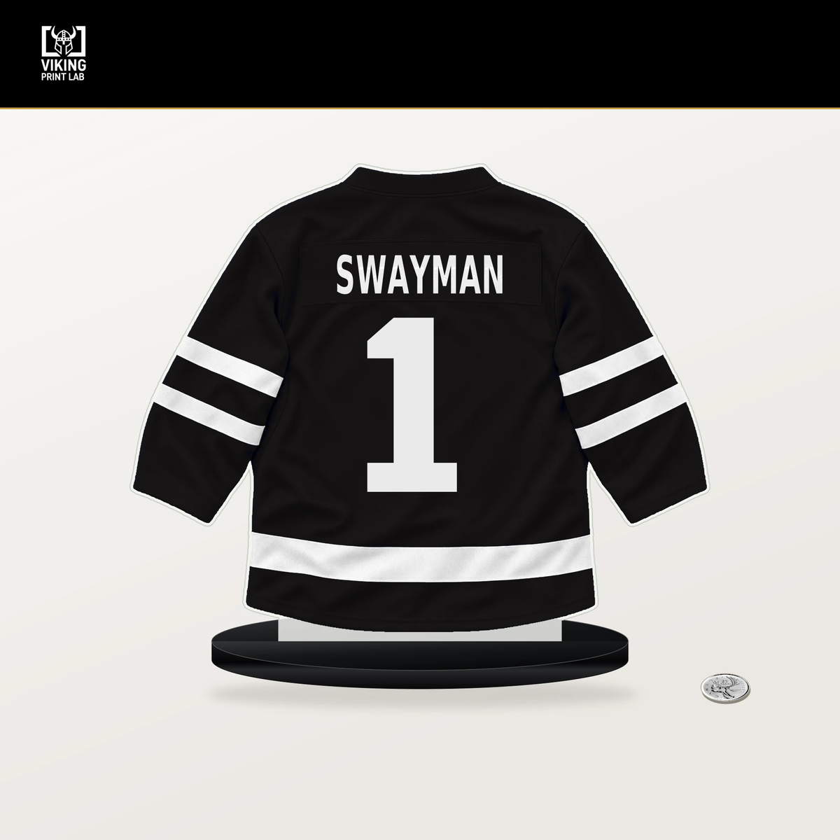 Jeremy Swayman number 1 Boston Bruins jersey stand with included black base.