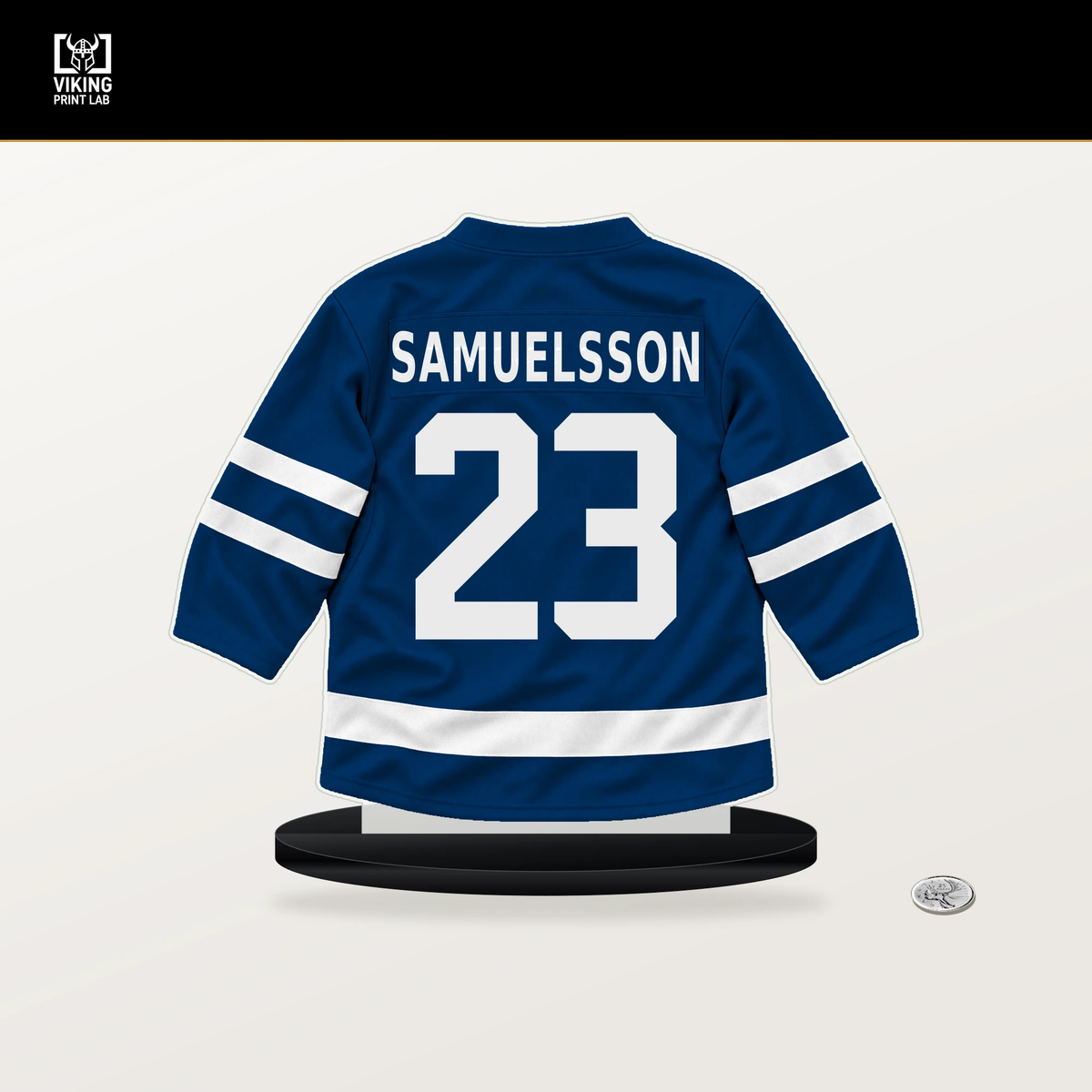 Mattias Samuelsson number 23 Buffalo Sabres jersey stand with included black base.