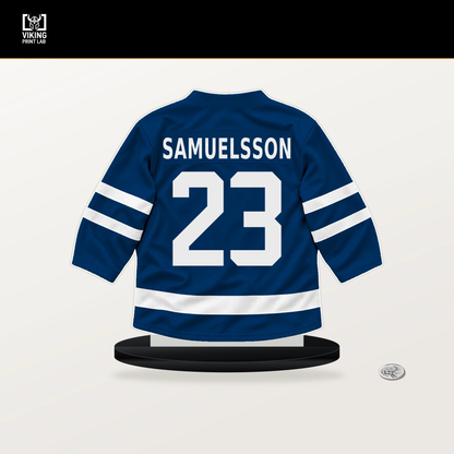 Mattias Samuelsson number 23 Buffalo Sabres jersey stand with included black base.