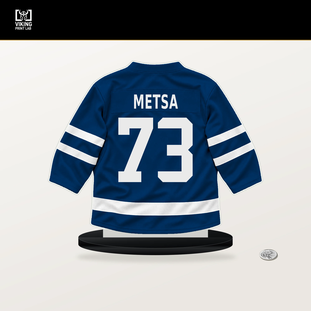 Zach Metsa number 73 Buffalo Sabres jersey stand with included black base.