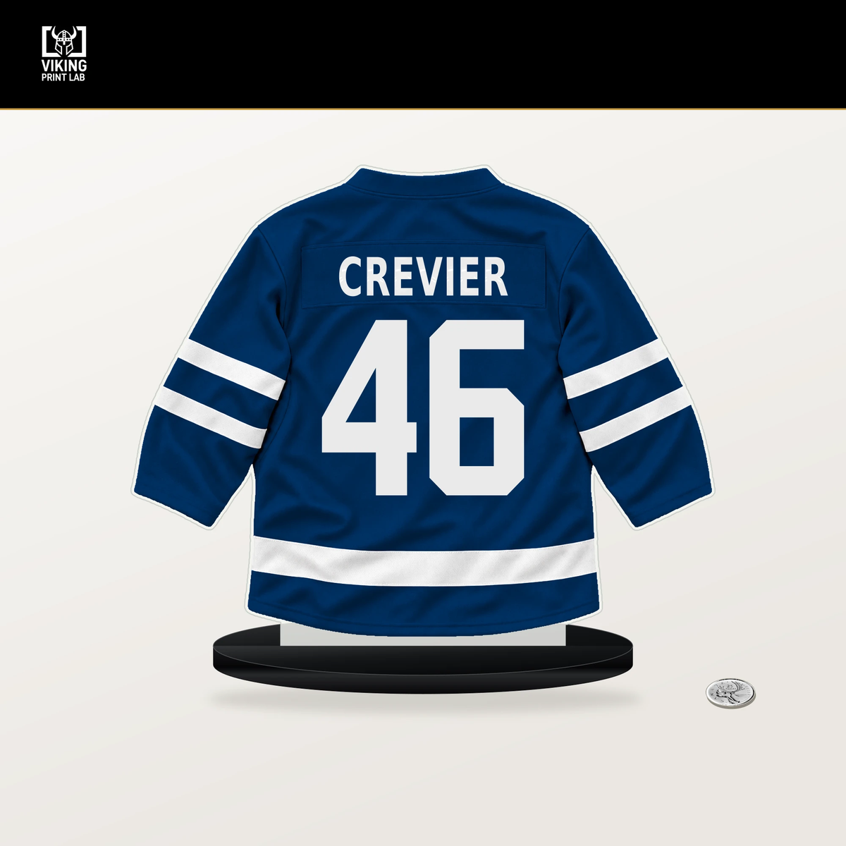 Louis Crevier number 46 Buffalo Sabres jersey stand with included black base.