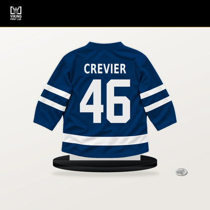 Louis Crevier number 46 Buffalo Sabres jersey stand with included black base.