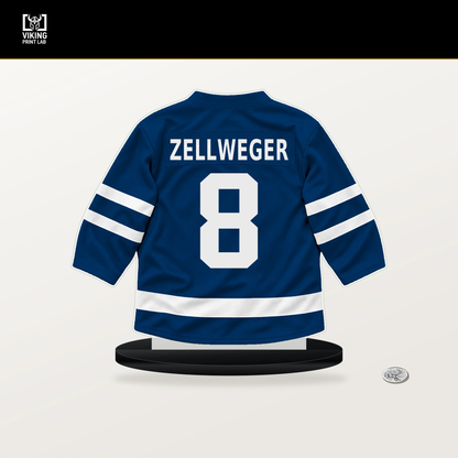 Olen Zellweger number 8 Buffalo Sabres jersey stand with included black base.