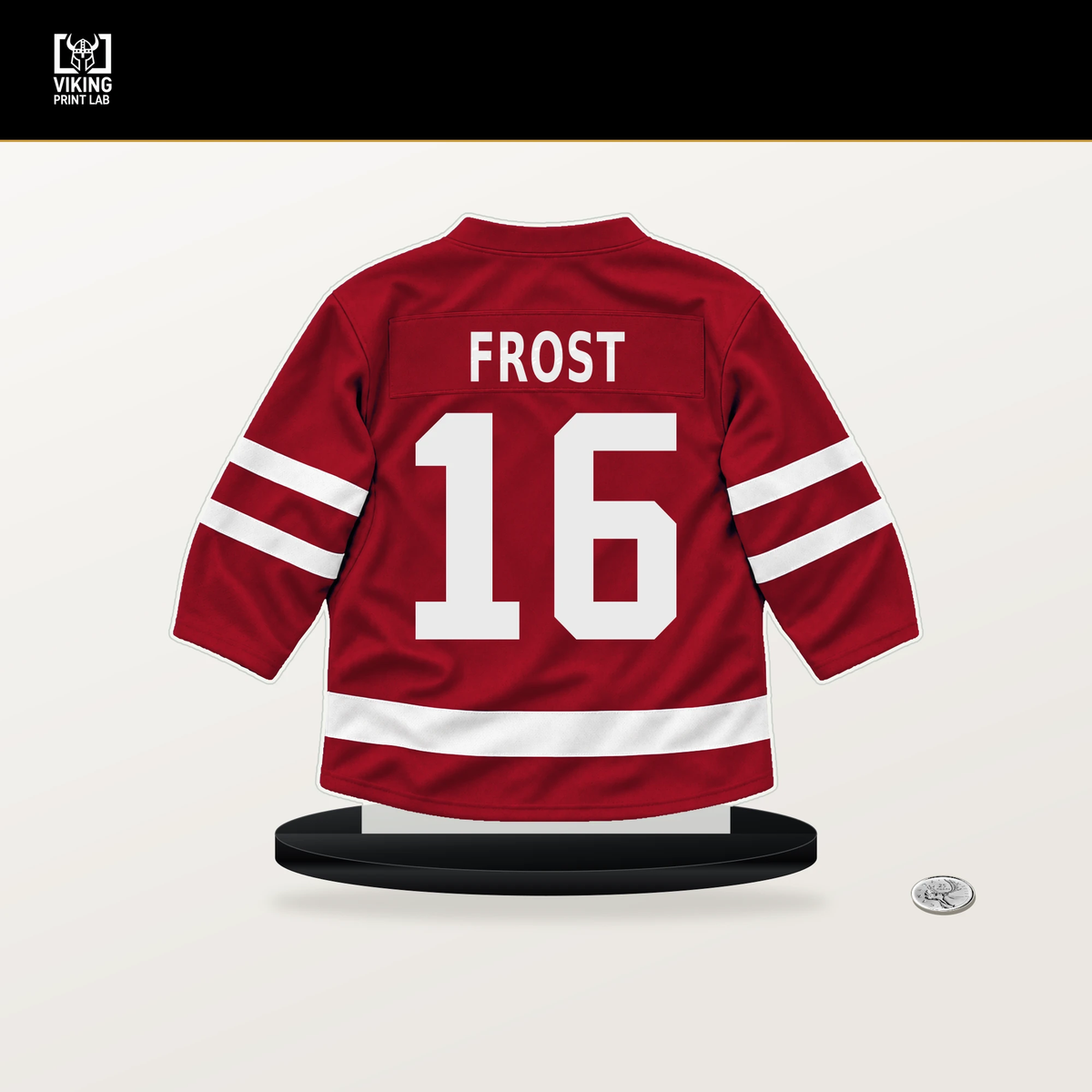 Morgan Frost number 16 Calgary Flames jersey stand with included black base.