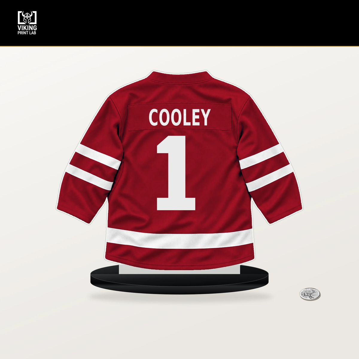 Devin Cooley number 1 Calgary Flames jersey stand with included black base.