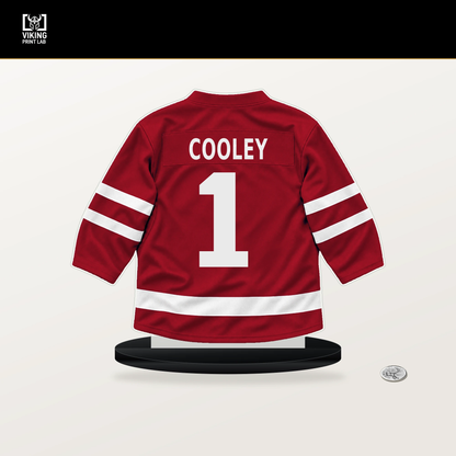 Devin Cooley number 1 Calgary Flames jersey stand with included black base.