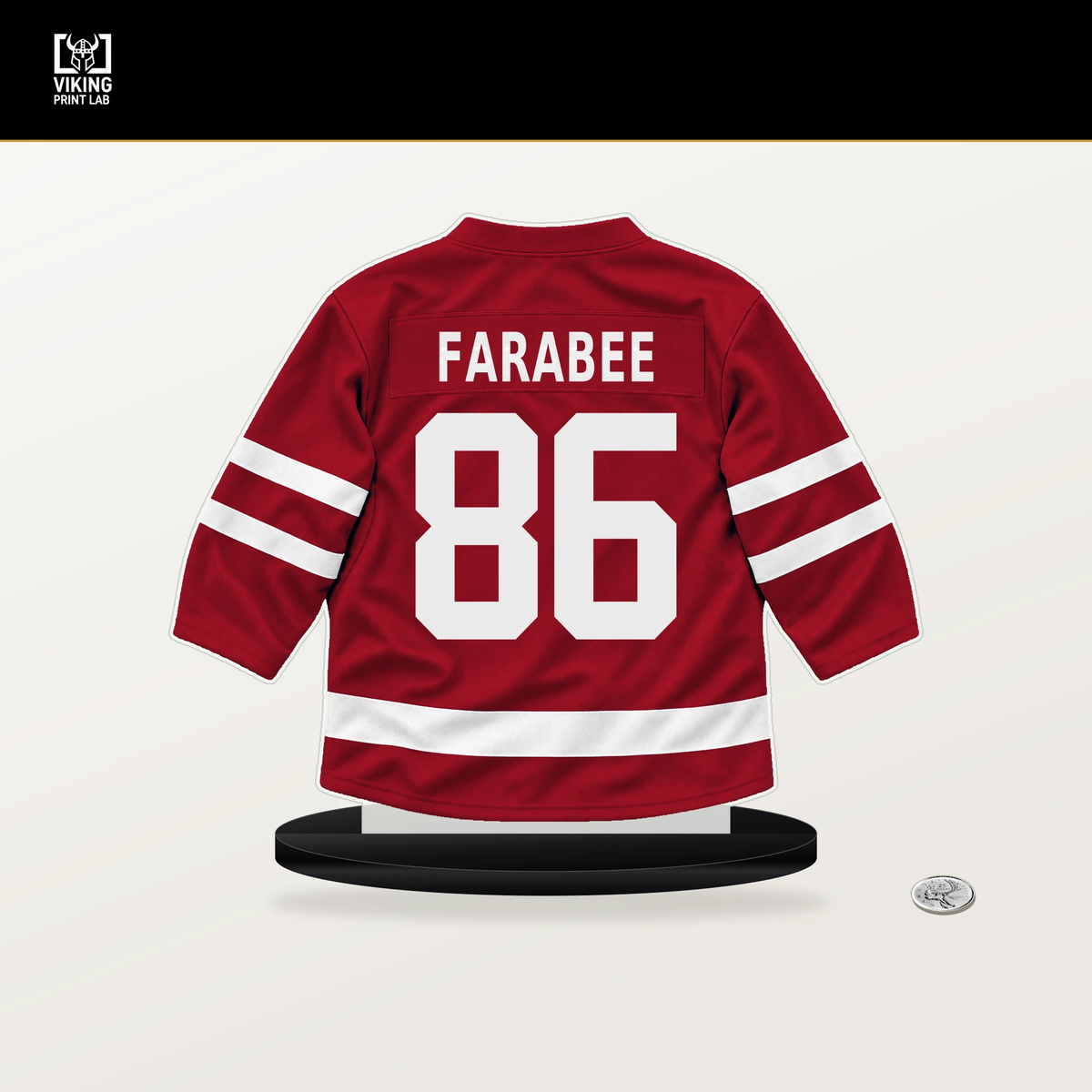 Joel Farabee number 86 Calgary Flames jersey stand with included black base.