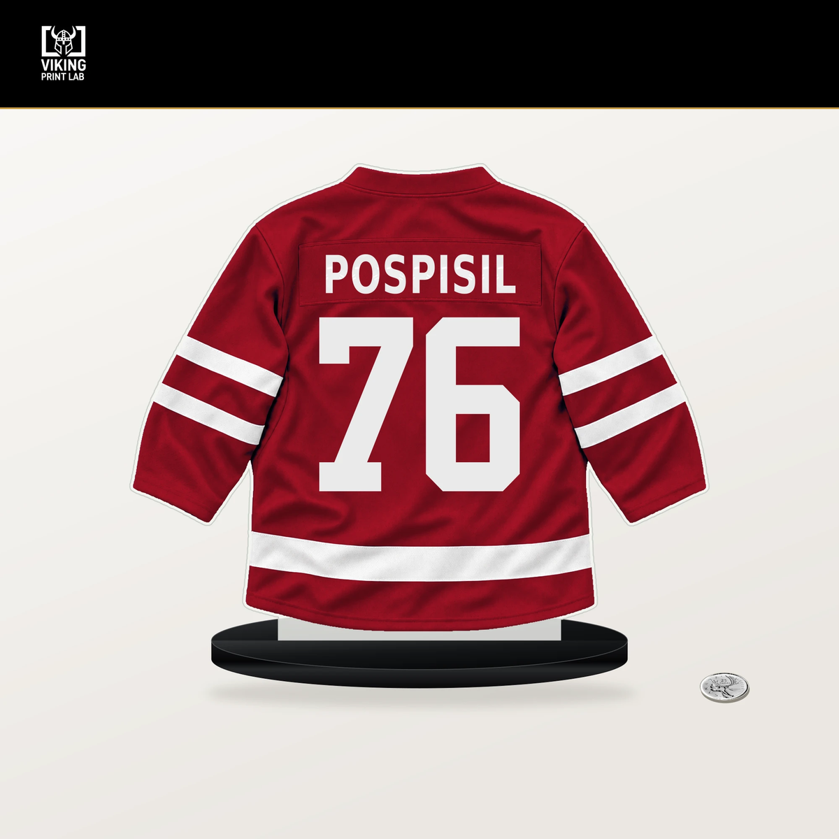Martin Pospisil number 76 Calgary Flames jersey stand with included black base.
