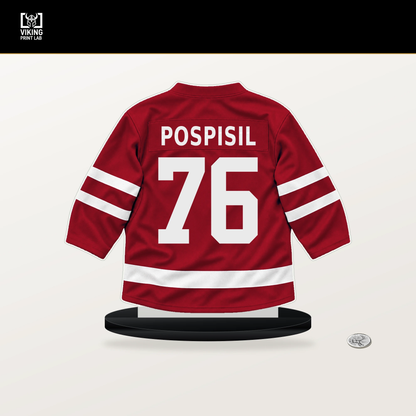 Martin Pospisil number 76 Calgary Flames jersey stand with included black base.