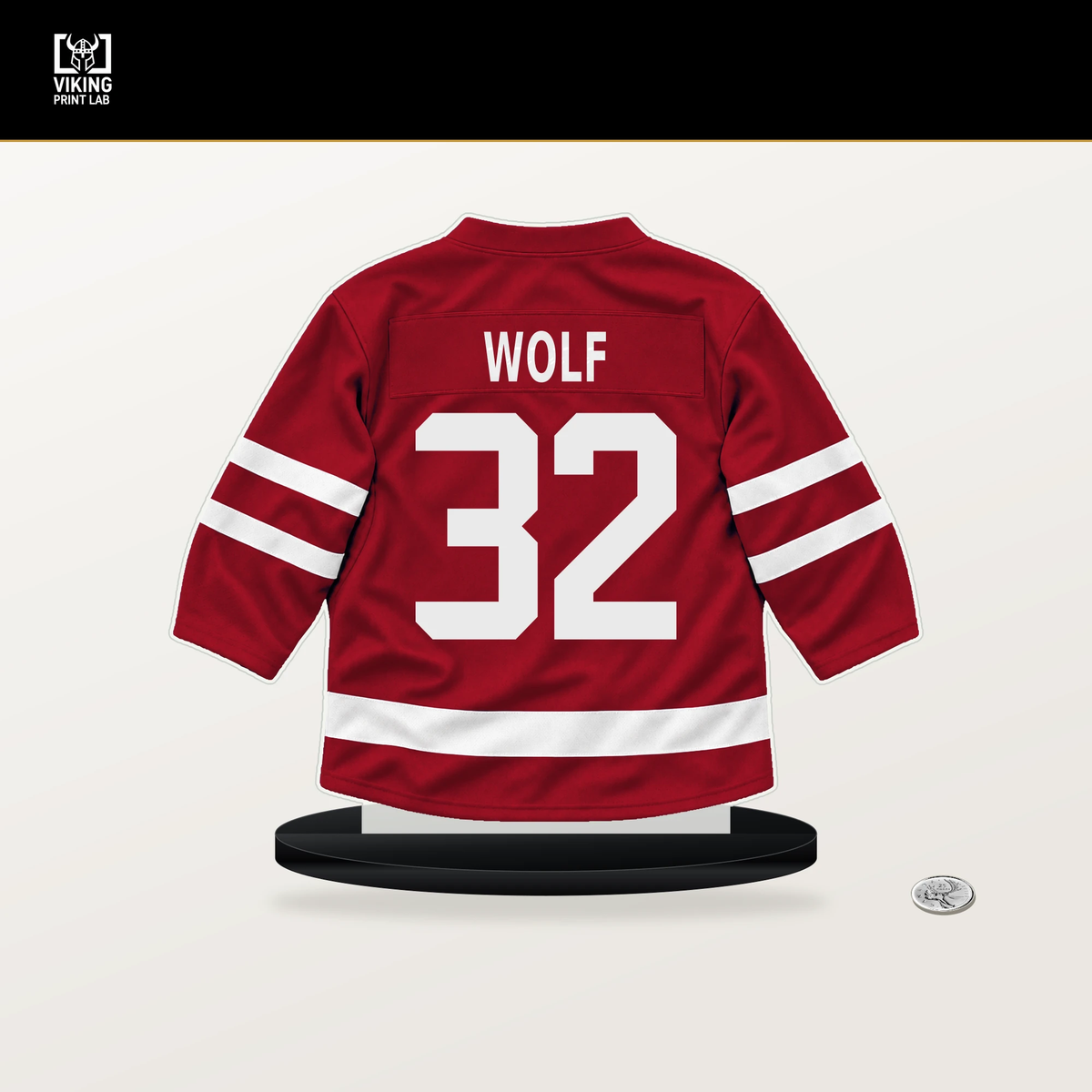 Dustin Wolf number 32 Calgary Flames jersey stand with included black base.