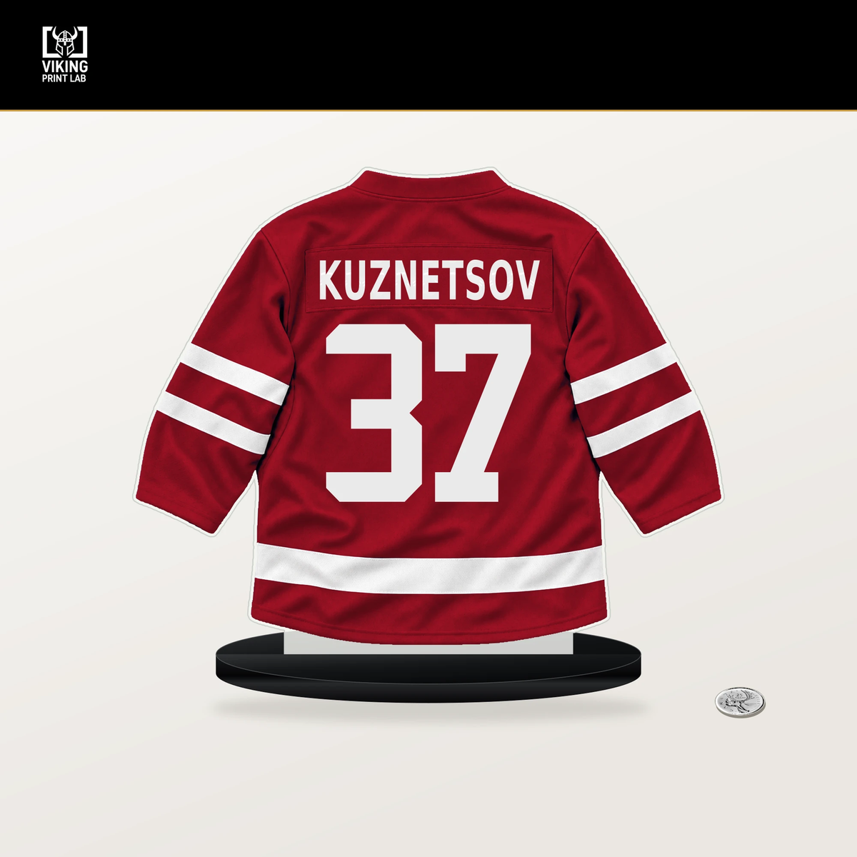 Yan Kuznetsov number 37 Calgary Flames jersey stand with included black base.