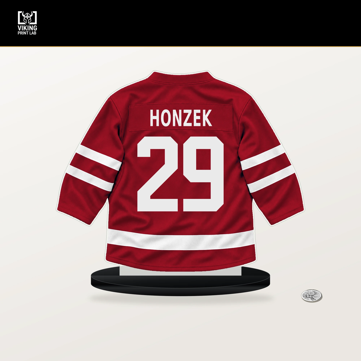 Samuel Honzek number 29 Calgary Flames jersey stand with included black base.
