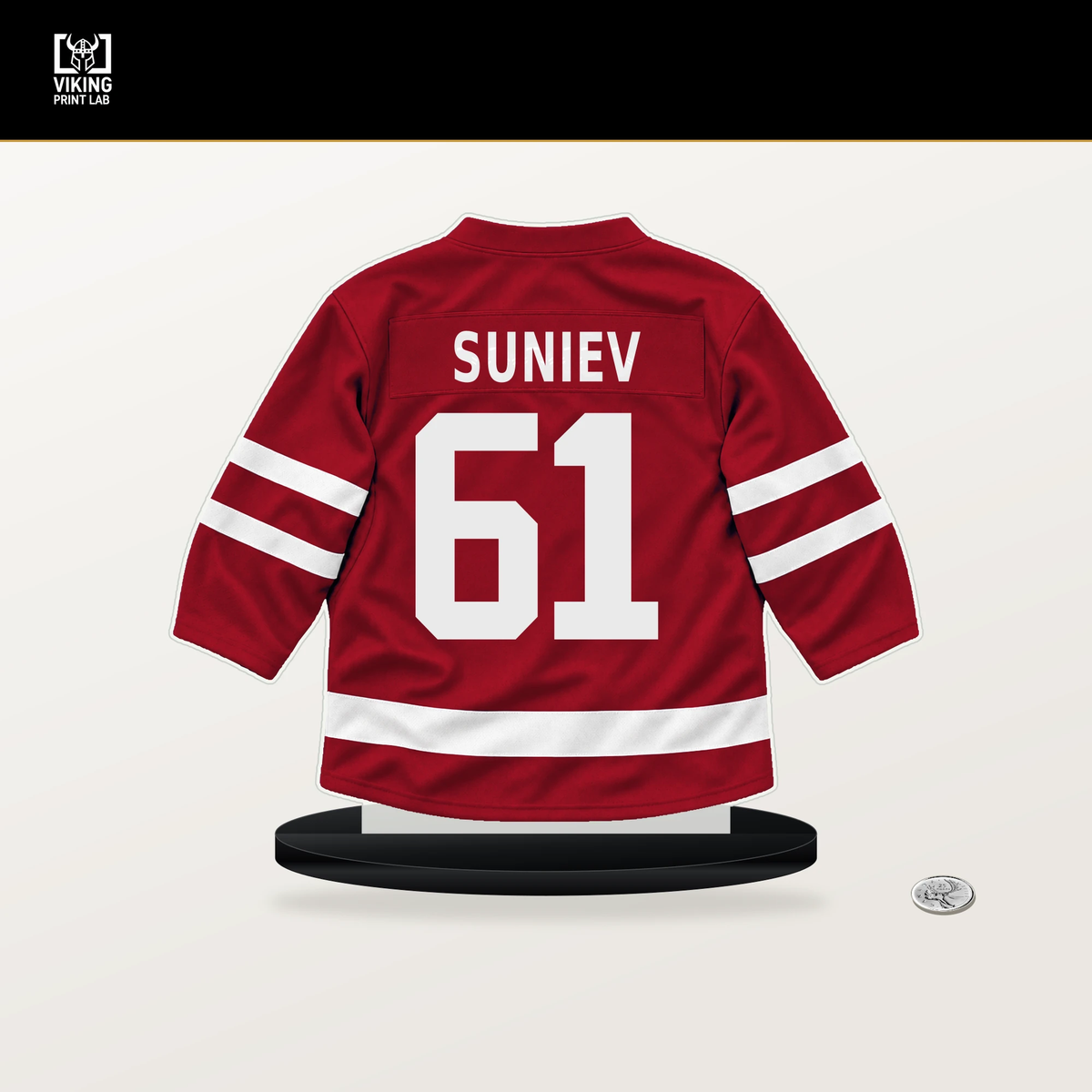 Aydar Suniev number 61 Calgary Flames jersey stand with included black base.