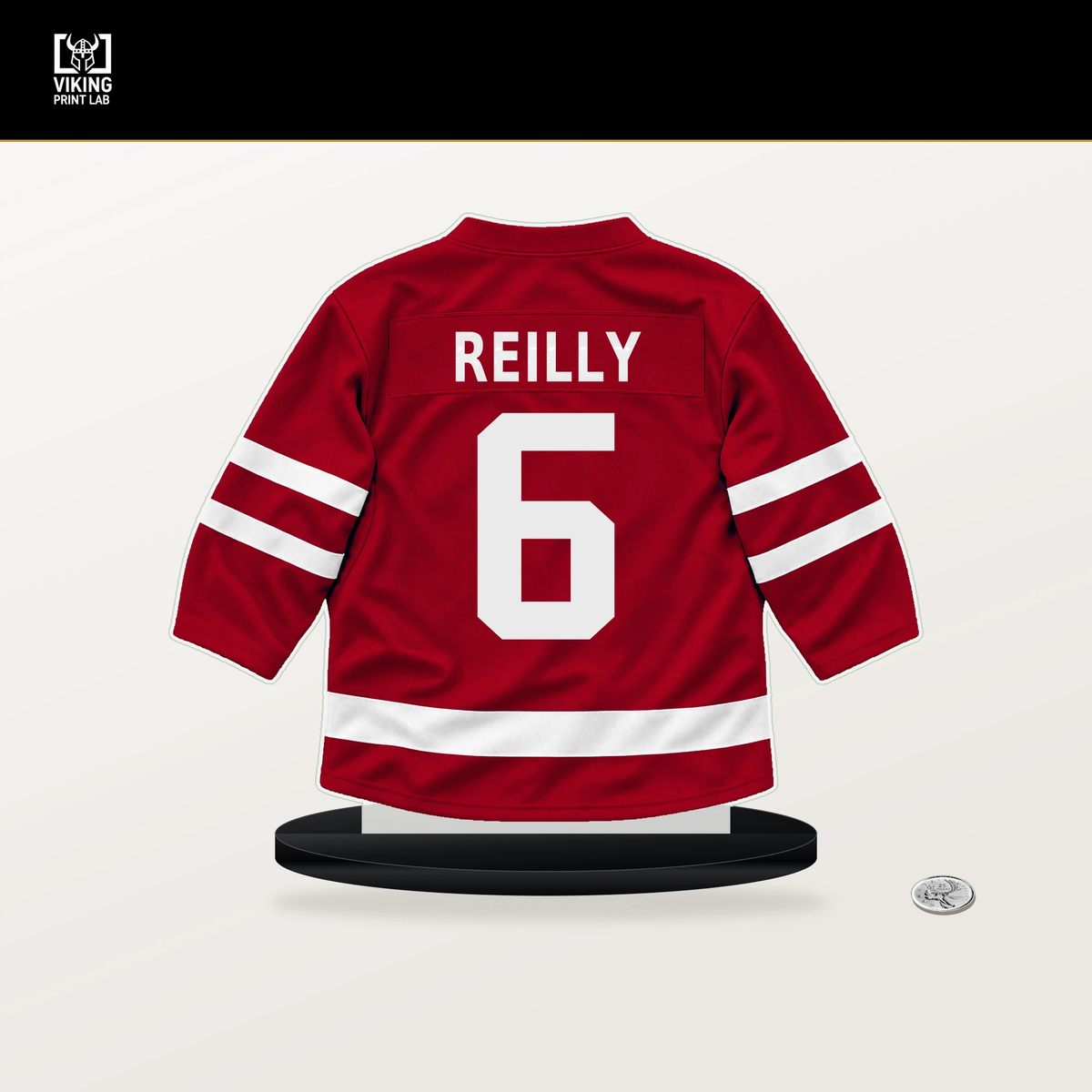 Mike Reilly number 6 Carolina Hurricanes jersey stand with included black base.