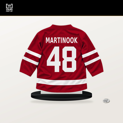 Jordan Martinook number 48 Carolina Hurricanes jersey stand with included black base.