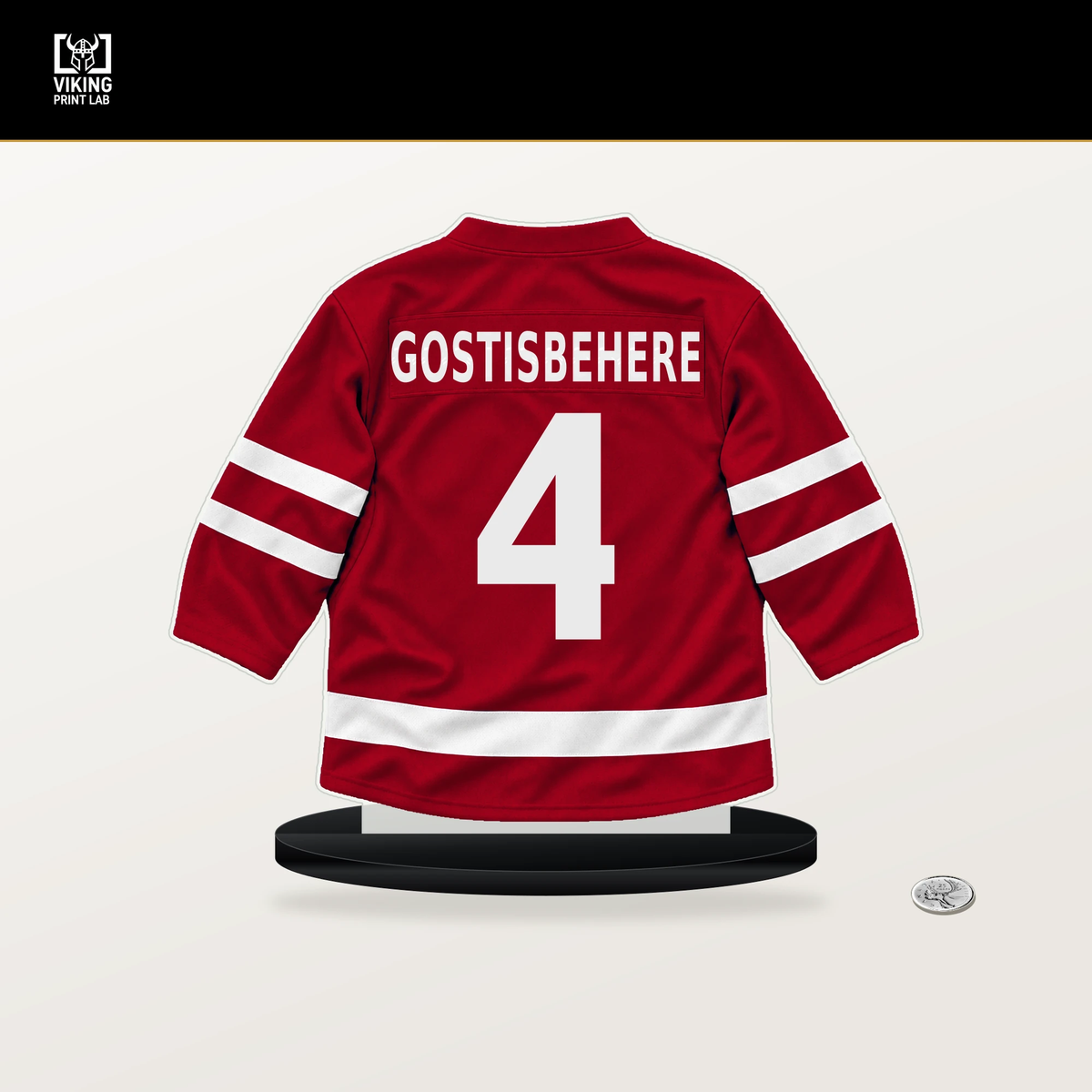 Shayne Gostisbehere number 4 Carolina Hurricanes jersey stand with included black base.
