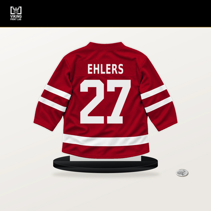 Nikolaj Ehlers number 27 Carolina Hurricanes jersey stand with included black base.