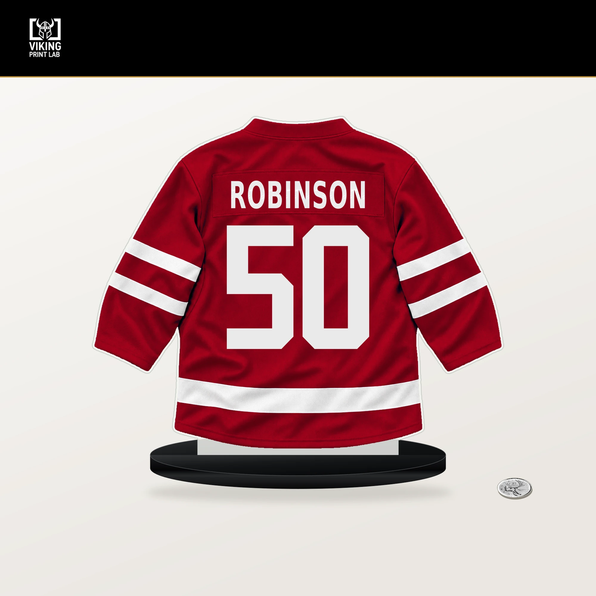 Eric Robinson number 50 Carolina Hurricanes jersey stand with included black base.