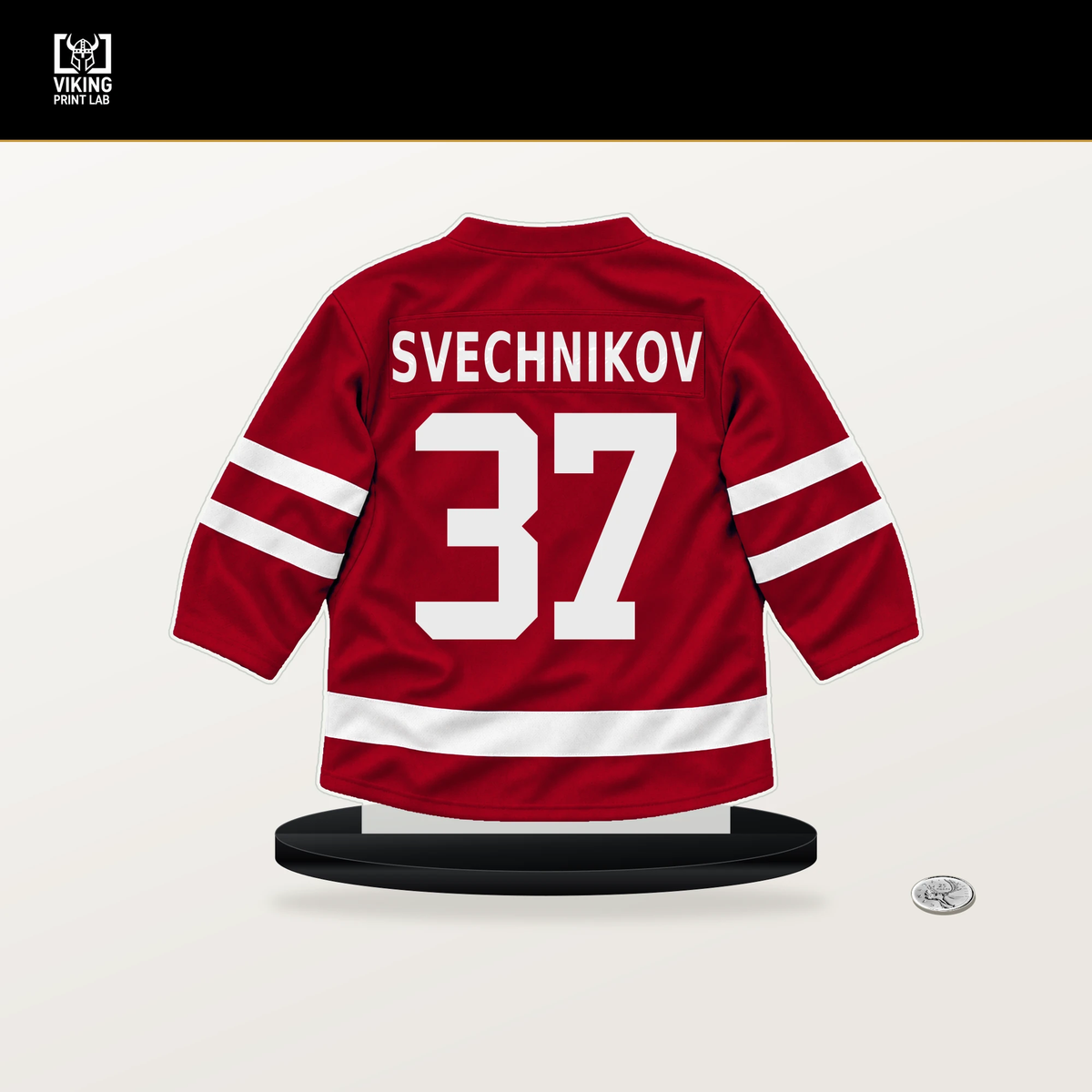 Andrei Svechnikov number 37 Carolina Hurricanes jersey stand with included black base.