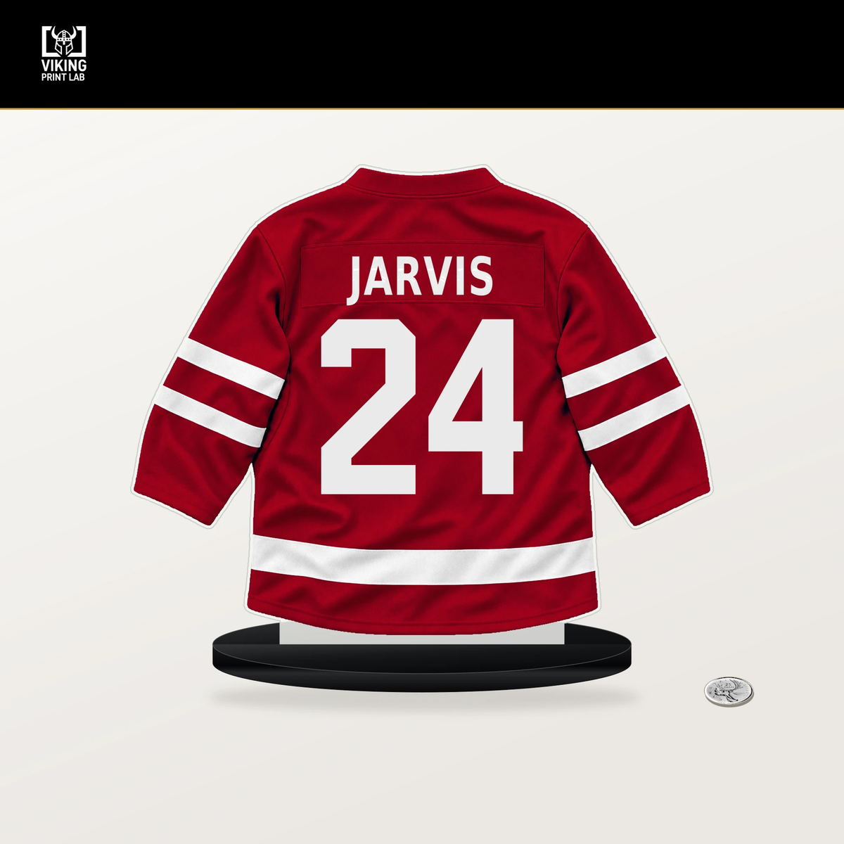Seth Jarvis number 24 Carolina Hurricanes jersey stand with included black base.