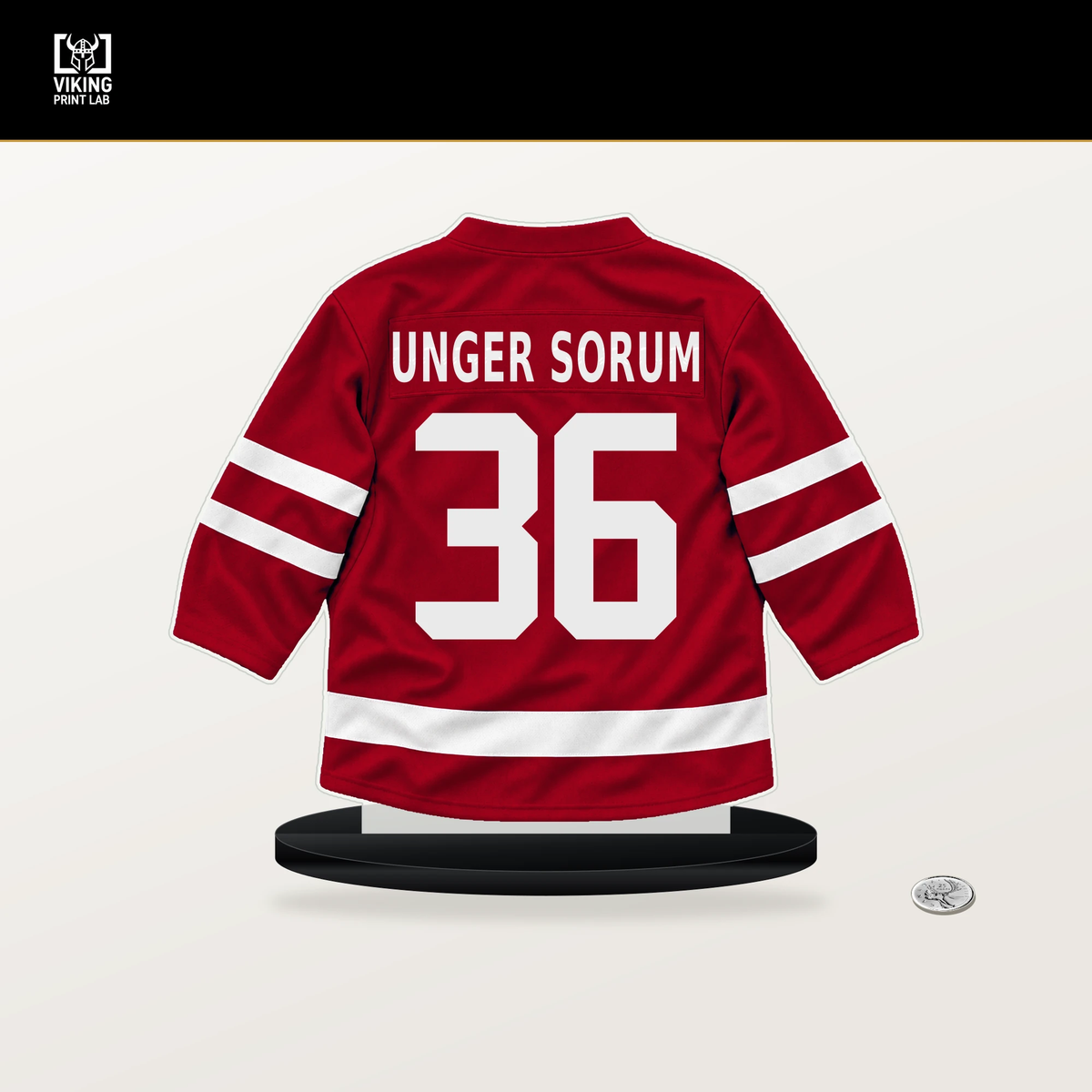 Felix Unger Sorum number 36 Carolina Hurricanes jersey stand with included black base.