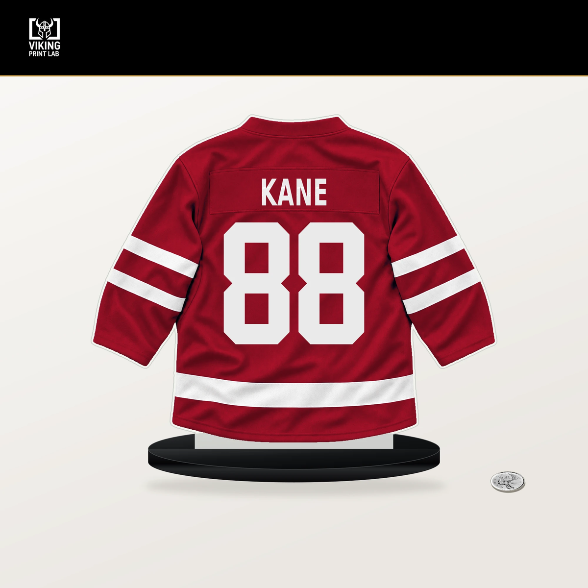 Patrick Kane number 88 Chicago Blackhawks jersey stand with included black base.