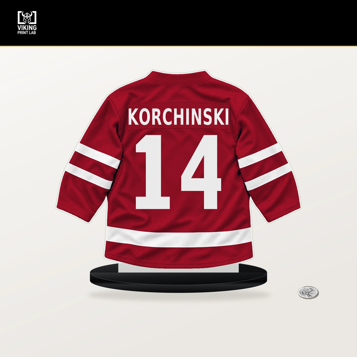 Kevin Korchinski number 14 Chicago Blackhawks jersey stand with included black base.