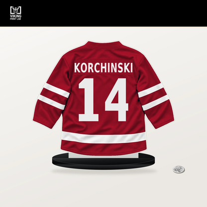 Kevin Korchinski number 14 Chicago Blackhawks jersey stand with included black base.