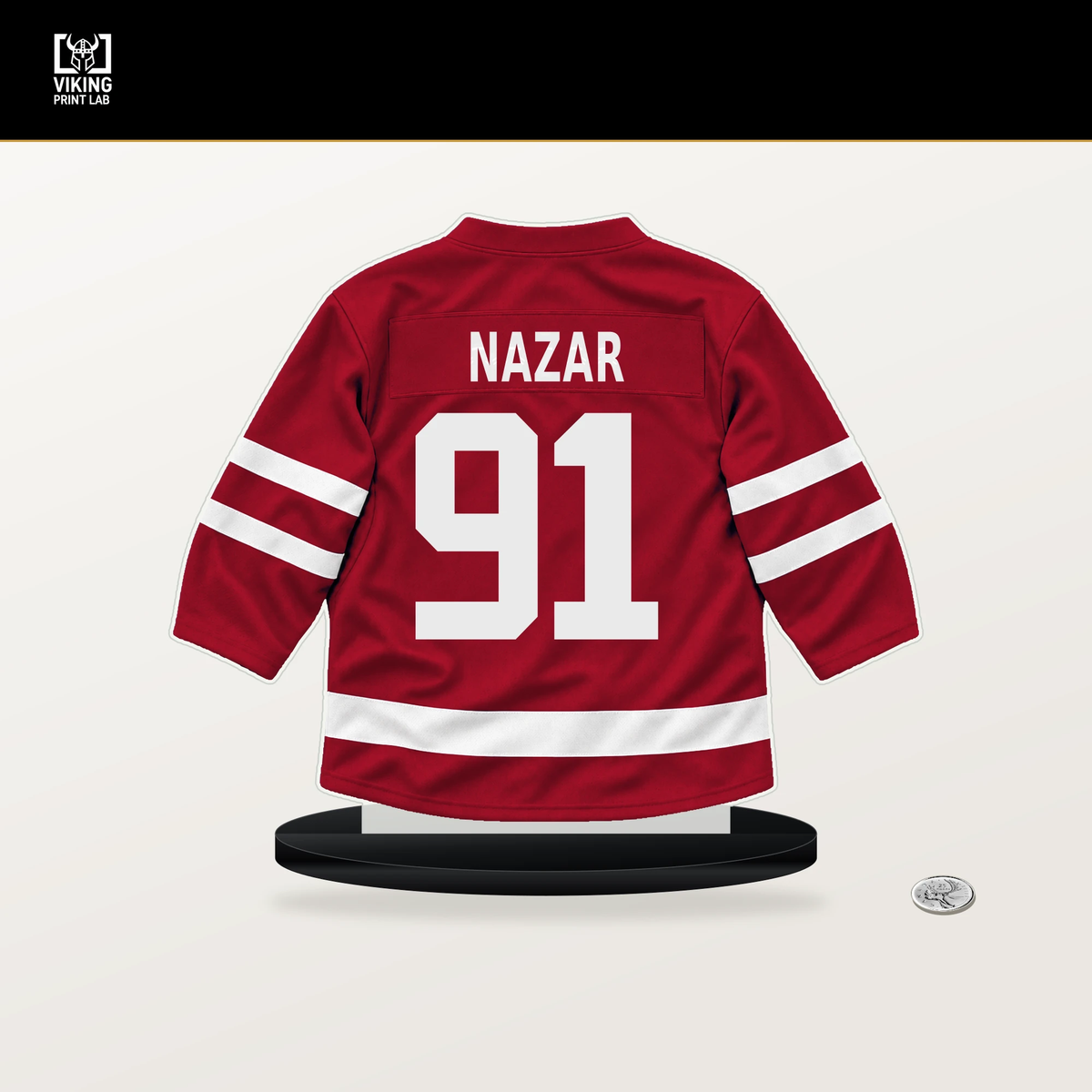 Frank Nazar number 91 Chicago Blackhawks jersey stand with included black base.