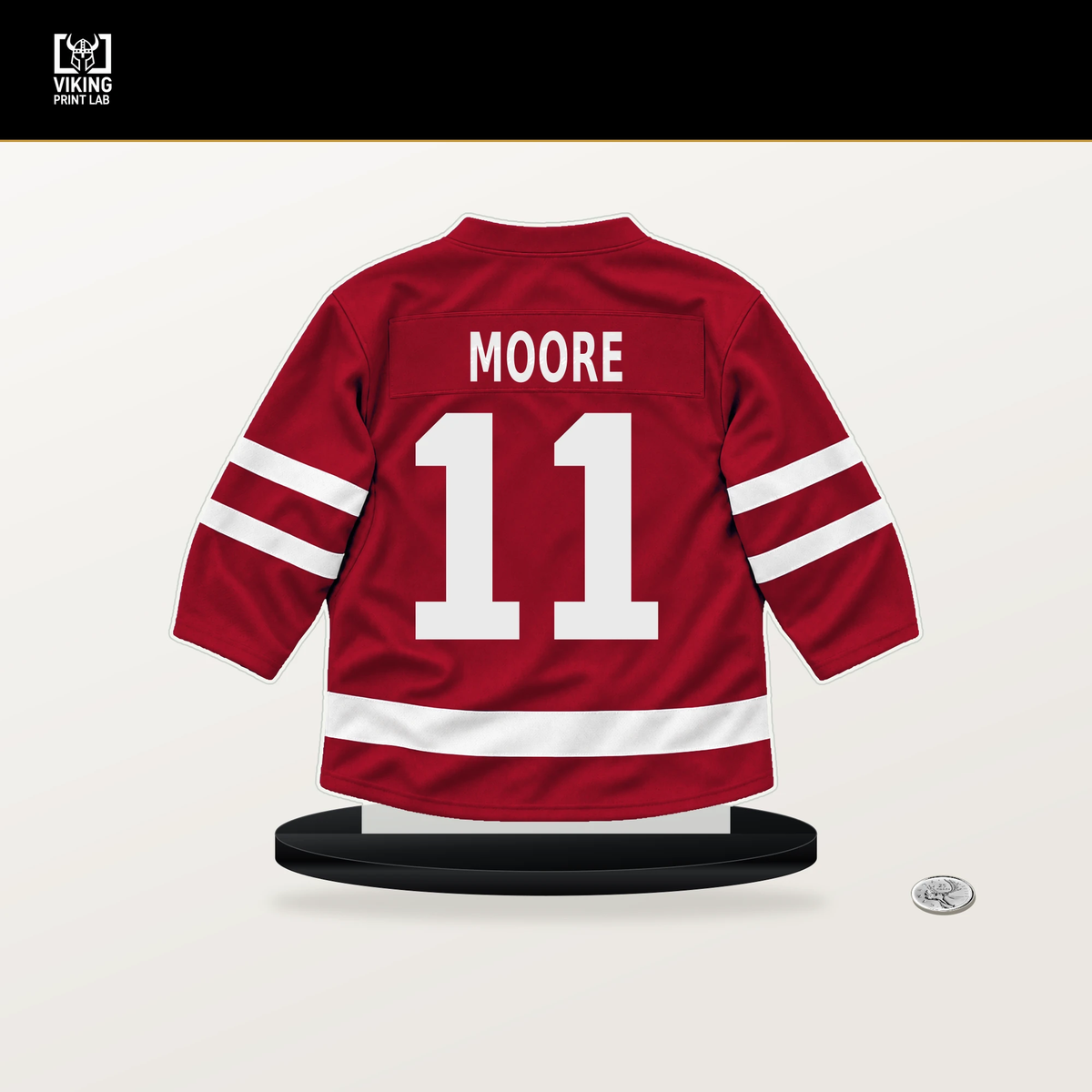 Oliver Moore number 11 Chicago Blackhawks jersey stand with included black base.