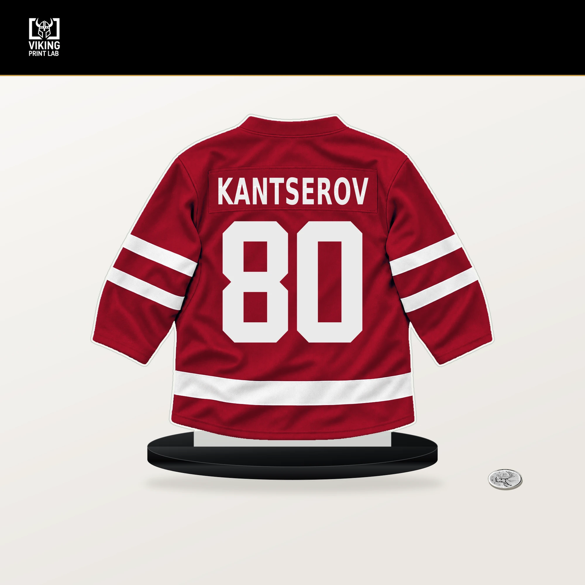 Roman Kantserov number 80 Chicago Blackhawks jersey stand with included black base.