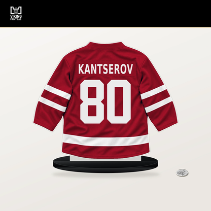 Roman Kantserov number 80 Chicago Blackhawks jersey stand with included black base.
