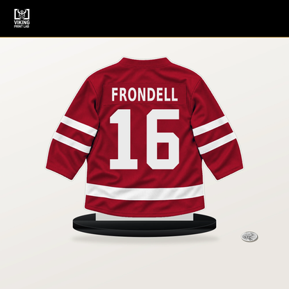 Anton Frondell number 16 Chicago Blackhawks jersey stand with included black base.