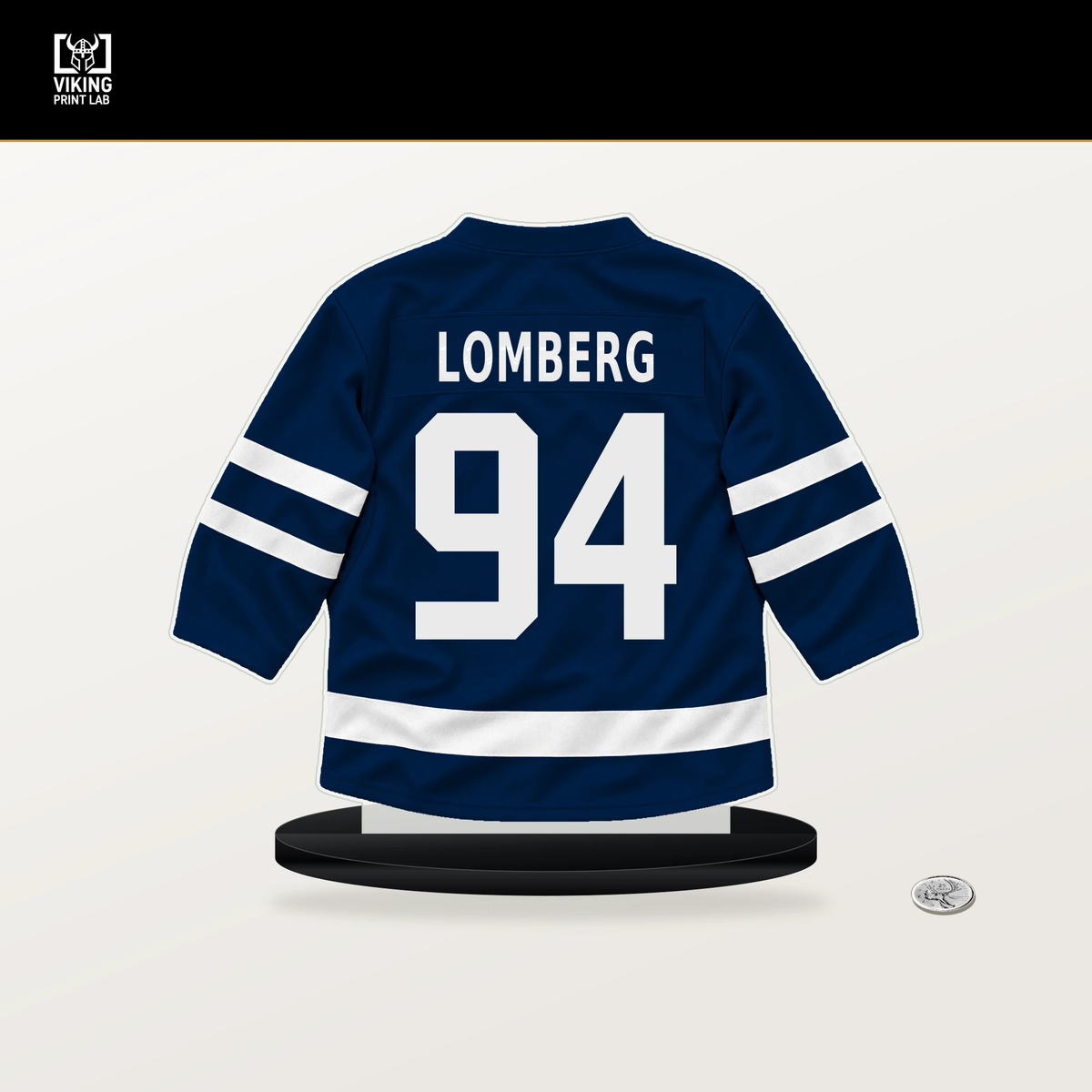 Ryan Lomberg number 94 Columbus Blue Jackets jersey stand with included black base.