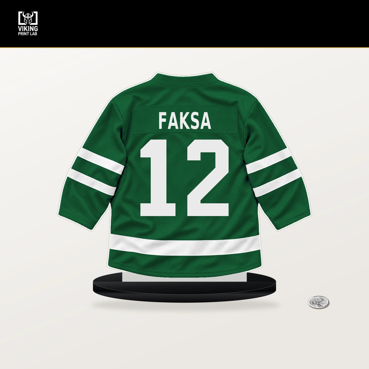 Radek Faksa number 12 Dallas Stars jersey stand with included black base.