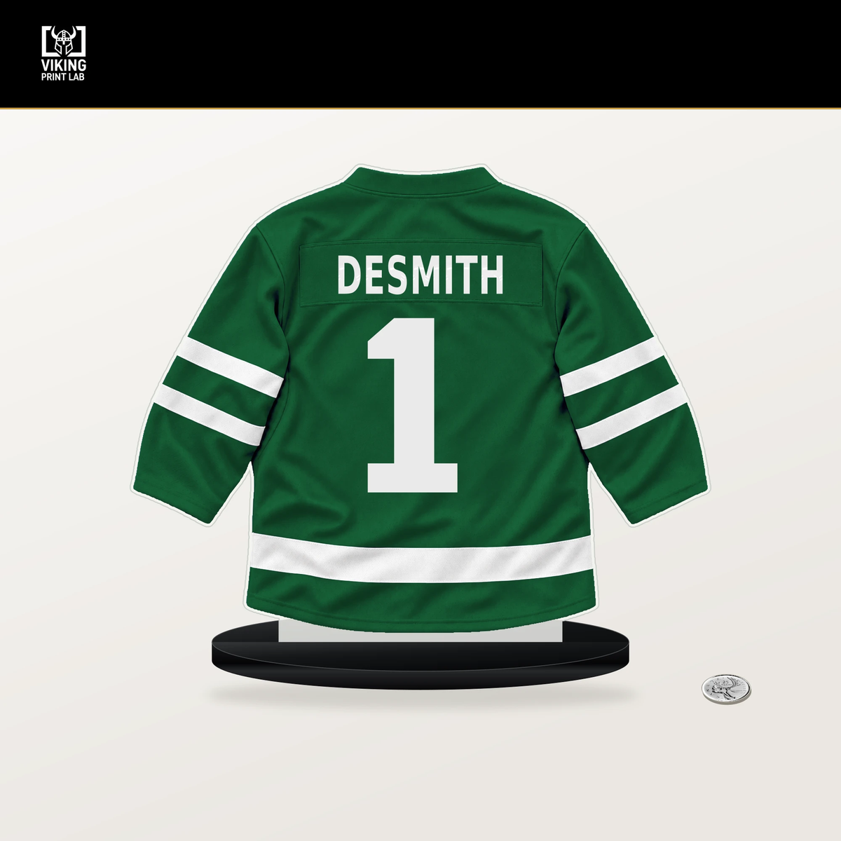 Casey DeSmith number 1 Dallas Stars jersey stand with included black base.