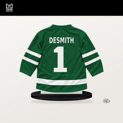 Casey DeSmith number 1 Dallas Stars jersey stand with included black base.
