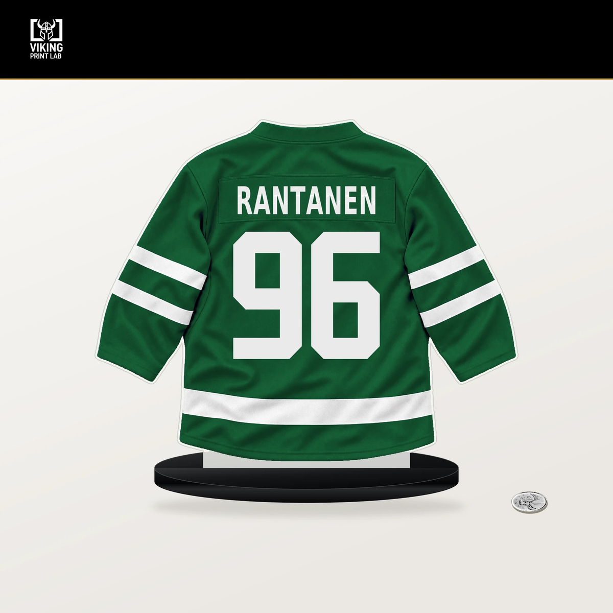 Mikko Rantanen number 96 Dallas Stars jersey stand with included black base.