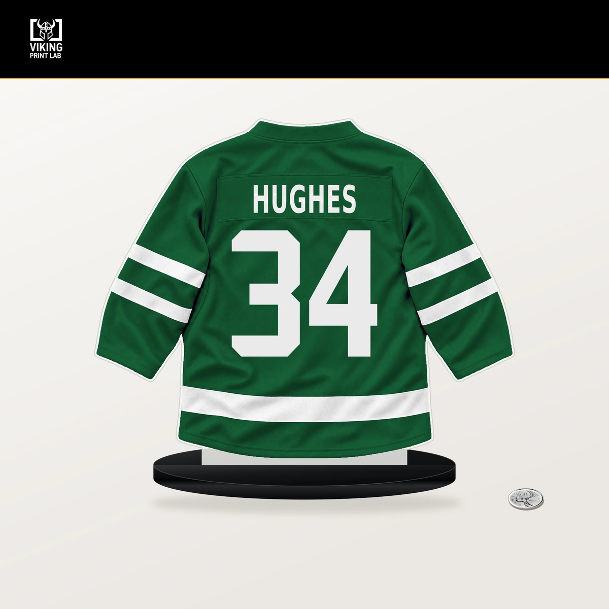 Cameron Hughes number 34 Dallas Stars jersey stand with included black base.